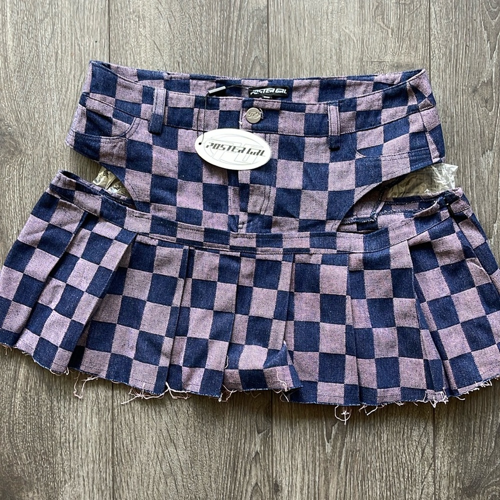 Checkered Cut Out Denim Mini Pleated Skirt